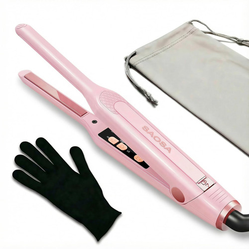 SAOSA Mini Pencil Flat Iron for Short Hair - 0.3" Ultra-Thin Hair Straightener & Curler, 9 Temp (190°F-430°F), Ceramic Tourmaline, Fast 30s Heat Up, Travel Kit with Pouch & Glove, Dual Voltage