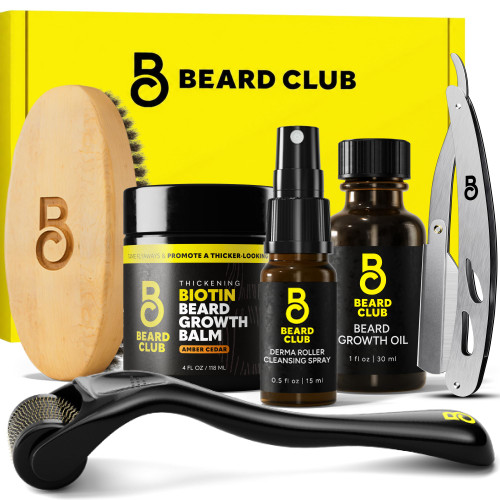 The Beard Club Beard Growth Kit for Men - Grooming Set with Growth Oil, Biotin Balm, Derma Roller, Boar Bristle Brush, Cleansing Spray and Straight Razor - 6 pc Gift Set for Facial Hair