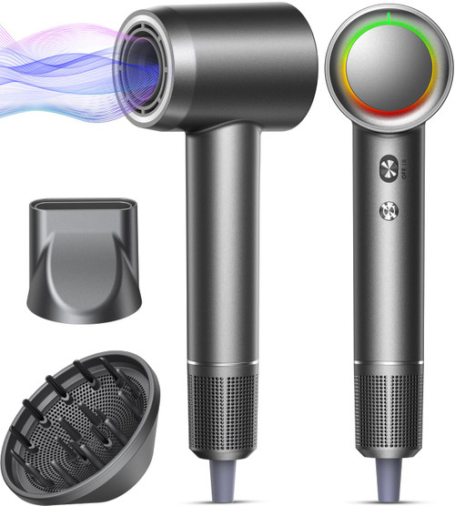 Fast Drying Without Extreme Heat, High-Speed Hair Dryer with 500M Negative Ions for Smooth, Frizz-Free Hair, Low-Noise Lightweight Blow Dryer with Diffuser & Concentrator, Gunmetal