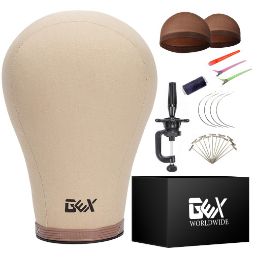 GEXWORLDWIDE GEX 20"-24" Cork Canvas Block Head Mannequin Head Wig Display Styling Head With Mount Hole (Light Brown, 22")