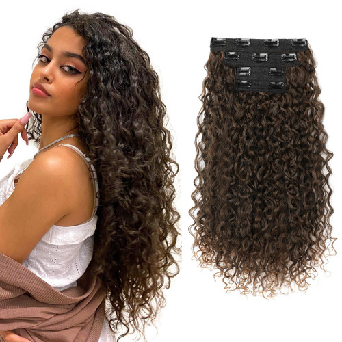 Flufymooz Clip in Hair Extensions, 4PC 100％ Pure Protein Silk Hair Extensions Long Soft Natural Hairpiece 20 Inch Curly Hair Extension for Women (Dark Almond brown with copper)