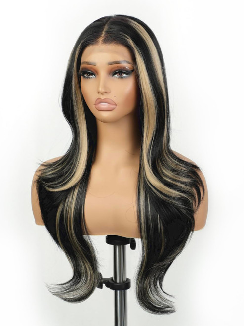 13×4 Skunk Stripe Lace Front Wigs for Women 26″ Synthetic Glueless Wig