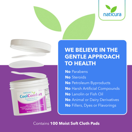 Naticura CoolComfort Hemorrhoid Relief Cleansing Pads - Fast Acting and All Natural with Organic Witch Hazel and Aloe Vera - Relieves Burning, Itching and Swelling - Made in USA - 100 Pads, 2 Pack