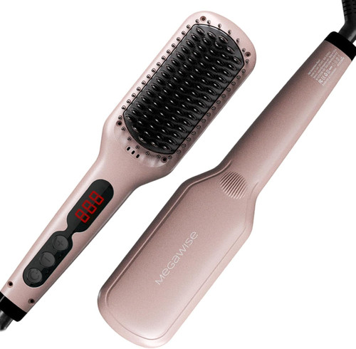 MEGAWISE Hair Straightener Brush, Ionic Ceramic Heated Hair Brush, Anti-Scald Hot Brush with Auto Shutoff, Dual Voltage, 360° Swivel Cord, for Frizzy Thick Medium Long Hair(Pink Gold)