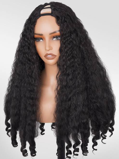 PREMPO Afro Wig V Part Kinky Curly Wigs for Black Women, 180% Density Wear and Go Glueless Wig with Unique Bouncy Curls in the End, Synthetic No Leave out Clip in (#1B Black wig, 24 Inch)