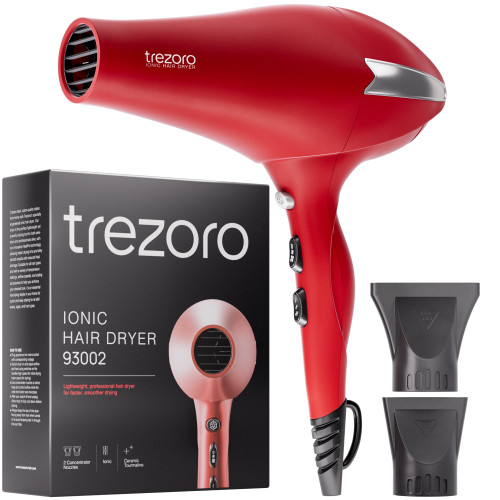 TREZORO Professional Hair Dryer with 2 Concentrator Nozzles, 2000W, Red