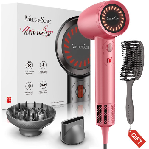 MelodySusie Hair Dryer with Diffuser, 1600W Fast Drying Low Noise Ionic Hair Dryer for Curly Hair with Diffuser,Nozzle and Hair Brush,120,000 RPM Blow Dryer Ideal for Women