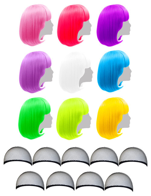 LIULIUBTY 9 Pieces Short Bob Hair Wigs 12" Straight with Flat Bangs Synthetic Fluorescence Colorful Cosplay Daily Party Costume for Women+ Free Wig Cap (Colors Set 2,with Wig Cap)