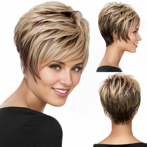 RENERSHOW Short Wigs for White Women Brown Ombre Blonde Pixie Wig Synthetic