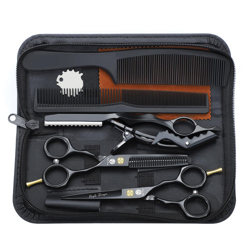 Purple Dragon 5.5 inch Hair Cutting Scissors Set with Razor - Black