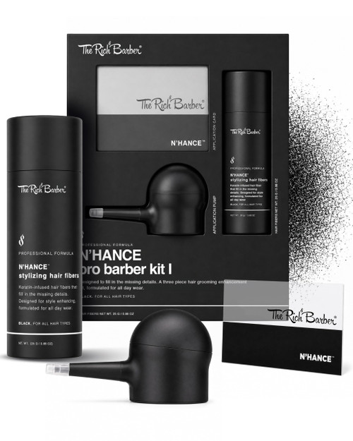 The Rich Barber N'Hance Pro Barber Kit I - Professional 3-in-1 Hair & Beard Styling Set - Keratin-Infused Hair Building Fibers, Applicator Pump, Application Card - Hairline Enhancer & Volumizing Spray
