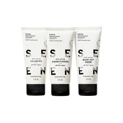 SEEN Travel Trio, Fragrance Free - Non-Comedogenic Blow-Out Hair Cream, Shampoo & Conditioner Set - Dermatologist-Developed- Reduces Frizz- Heat Protectant- Safe for Sensitive & Acne-Prone Skin