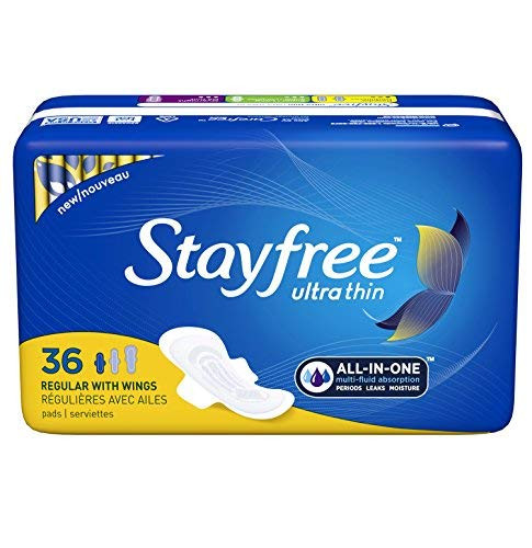Stayfree Ultra Thin Regular Pads with Wings For Women, Reliable Protection and Absorbency of Feminine Moisture, Leaks and Periods, 36 count - Pack of 4