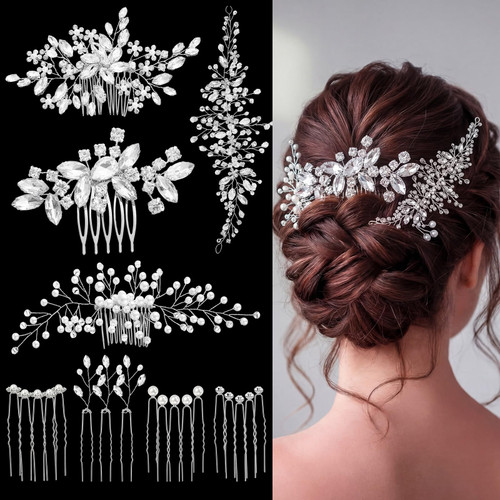 Maitys 44 Pcs Bride Hair Accessories Pearl Crystal Combs, Elegant Style