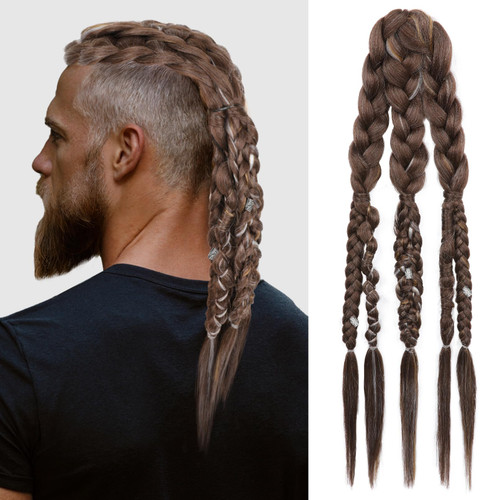 NTYNTY Viking Hair Extensions for Men – 24" Handcrafted Clip In Braided Ponytail Hairpiece for Halloween Viking Costume Renaissance Warrior Accessories - Dark Auburn
