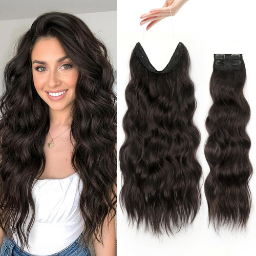 KooKaStyle 3PCS Invisible Wire & Clip-In Hair Extensions,Dark Brown 22"