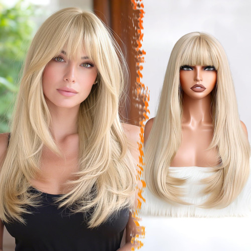 BARSDAR 24 Inch Long Straight Layered Blonde Wig With Bangs Soft Synthetic