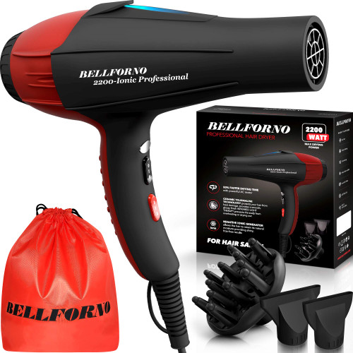 BELLFORNO Professional Ionic Curly Hair Dryer with Diffuser, Black/Red