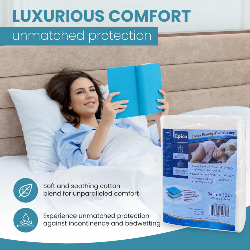Epica Bed Pads Washable Waterproof - 34"x52" (2 Pack) Incontinence Bed Pads for Adults, Mattress pad to Protect Bed from Stains, Large Bed wetting Pads for Home & Hospital Use (500 Washes)