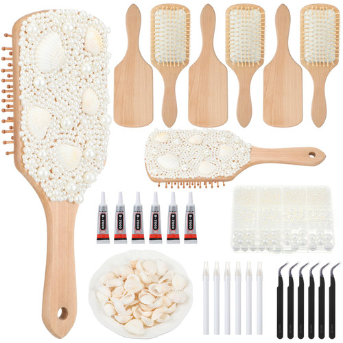 Acellegic 6 Sets DIY Wooden Hairbrush Craft Kit 10" Pearl Shell, Square