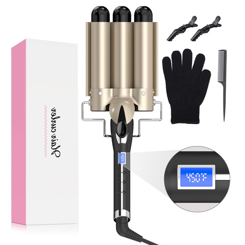 Hair Waver 1 1/4 Inch Crimper for Large Loose Waves, AIMERVO 3 Barrel Curling Iron 1.25", 15 Heat Settings 170-450°F for All Hair Types, Ceramic Jumbo Curling Wand, Dual Voltage, for Mid to Long Hair