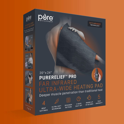 Pure Enrichment PureRelief Pro Far Infrared Ultra-Wide Heating Pad - Muscle Relief for Back, Neck, Shoulder, & Knee Pain in Athletes, 4 Heat Settings, Dry/Moist Heat, 20” x 24” Wide Size (Iron Gray)