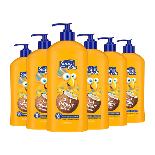 Suave Kids 3-in-1 Tear Free, Body Wash, Shampoo and Conditioners, Dermatologist Tested, Coconut Splash, 18 Oz Pack of 6