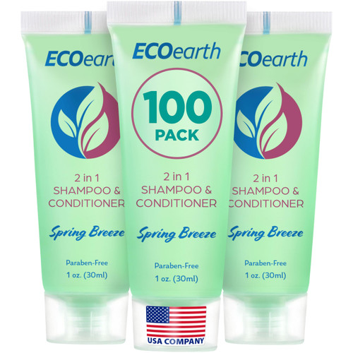 EcoEarth Travel Size Shampoo Conditioner 2-in-1 (1 fl oz, 100 PK, Spring Breeze) Delight Your Guests w/Revitalizing & Refreshing Conditioning Shampoo Amenities, Small Size Hotel Toiletries in Bulk