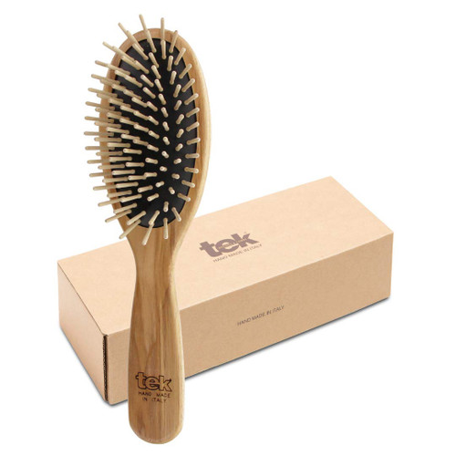 TEK | Oval Wooden Hair Brush with Short Pins in Natural Ash Wood, Ideal for Detangling, Styling and Daily Care of all Type of Hair | 22x6cm | Handmmade in Italy