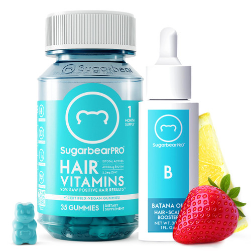 SugarbearPRO Batana Hair Oil & Glass-Dropper Applicator, 1oz + Vegan Hair Vitamin Gummies 1 Month Supply, Extra Strength Biotin 6000mcg