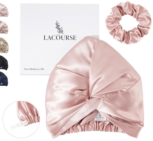 LaCourse Adjustable Real 22 Momme 100% Mulberry Silk Bonnet, Pink, M-L Size
