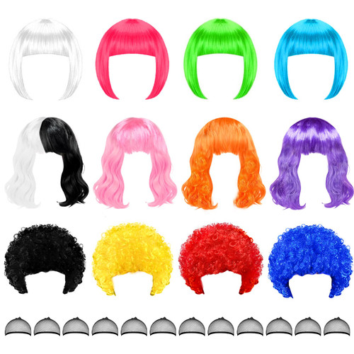 12 Multi Pack Fun Wigs, Assorted Bulk Wigs for Cosplay Party (Multicolor)