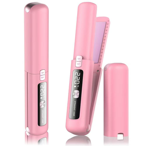 Cordless Hair Straightener and Curler 2 in 1, Mini, Lightweight and Small,USB Rechargeable with 4500mAh Battery, 10s Fast Heating, Portable Ceramic Flat Iron for Travel (Pink)