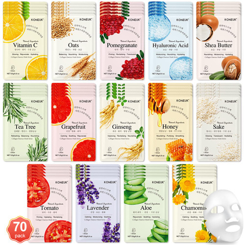 70 Pack Sheet Face Masks Skincare, Hydrating Facial Mask for Dry Oily Skin