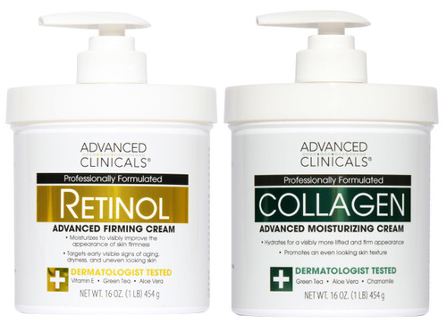 Advanced Clinicals Retinol Body Lotion + Collagen Cream Fragrance Free Face Moisturizer & Body Cream 2pc Skincare Set For Women & Men Helps Reduce Appearance Of Crepey Skin, Wrinkles, & Dry Skin, 2pc