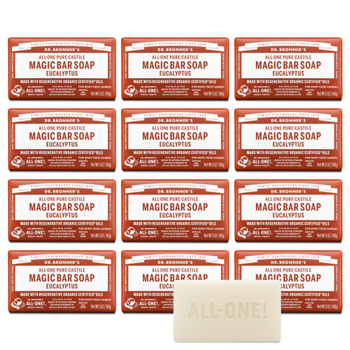 Dr. Bronner's Pure-Castile Magic Bar Soaps (Eucalyptus, 5oz, 12-Pack) – Made with RegeOrganic Oils, Soap Bars for Men & Women, Gentle for Face & Sensitive Skin, Vegan, Cruelty-Free, Non-GMO
