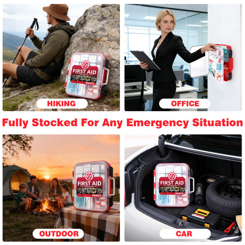 Gevoke 400 Piece First Aid Kit - Organized Dual-Layer Wall-Mountable Hard Case Medical Kit for Home, Car, Camping, Travel, Hiking, Truck, Office, Sports, Vehicle & Outdoor Emergencies