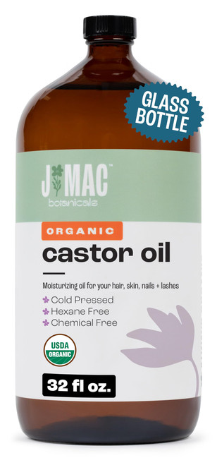 J MAC BOTANICALS Organic Castor Oil Cold Pressed in Amber Glass Bottle (32 oz) USDA Certified, Hexane Free - Moisturizing Oil for Hair, Skin, Face, Eyelashes, Brows, Nails, and Castor Wraps