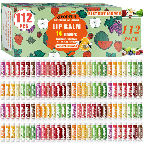 YOPELA 112 Pack Natural Lip Balm Bulk Lip Moisturizer with Vitamin E and Coconut Oil - Hydrating, Moisturizing, Soothing, and Repairing Dry and Chapped Lips Valentine's Gift - 14 Flavors - Non-GMO