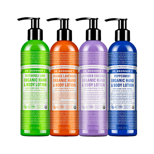 Dr. Bronner's - Organic Lotion (8 oz Variety Pack) Peppermint, Lavender Coconut, Orange Lavender, & Patchouli Lime - Body Lotion & Moisturizer, Organic, Soothing for Hands, Face & Body | 4 Count