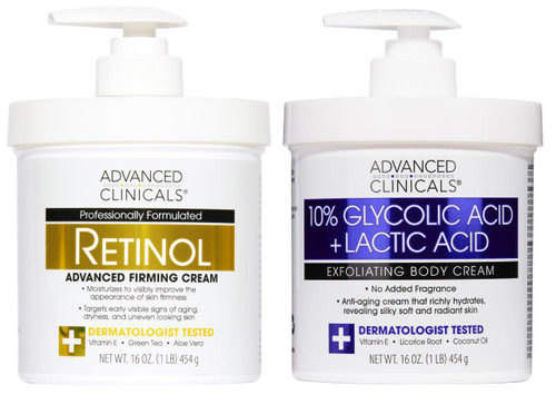 Advanced Clinicals Retinol Body Cream Moisturizer + Exfoliating 10% Glycolic Acid & Lactic Acid Lotion 2PC Skincare Set For Women & Men To Reduce Appearance Of Crepey Skin & Uneven Rough Skin Texture