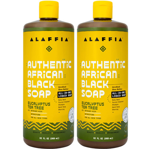 Alaffia Authentic African Black Soap, Eucalyptus Tea Tree 2-Pack, 32 Oz Ea