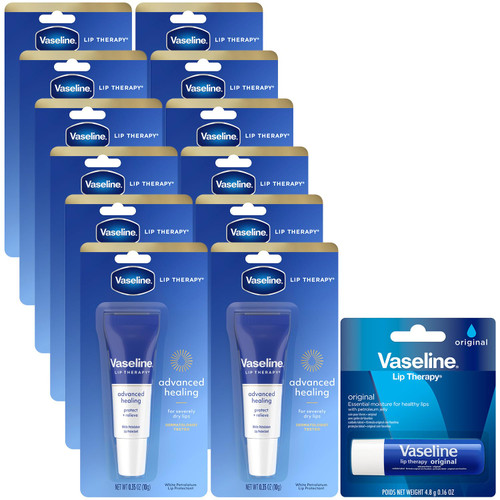 Vaseline Lip Therapy Advanced Healing Tube 12-Pack + Lip Balm Stick