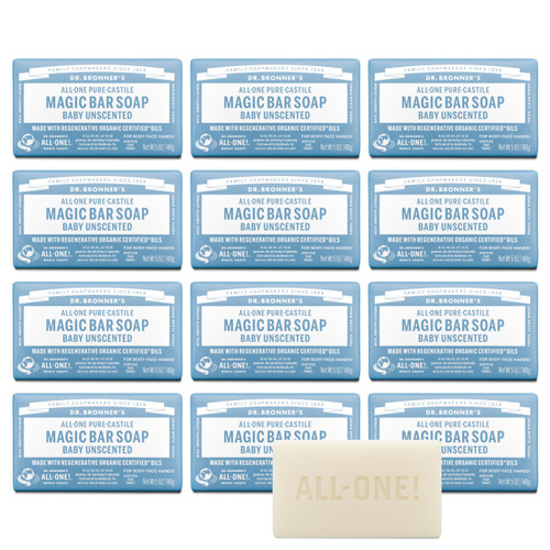 Dr. Bronner's Pure-Castile Bar Soap, Baby Unscented, 5 oz, 12-Pack