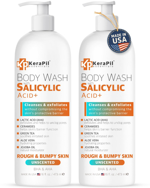 KERAPIL Salicylic Acid Body Wash for Rough & Bumpy Skin | Exfoliating Body Wash to Help Smooth Skin Texture | Salicylic Acid, Lactic Acid & Ceramides | 16 fl oz