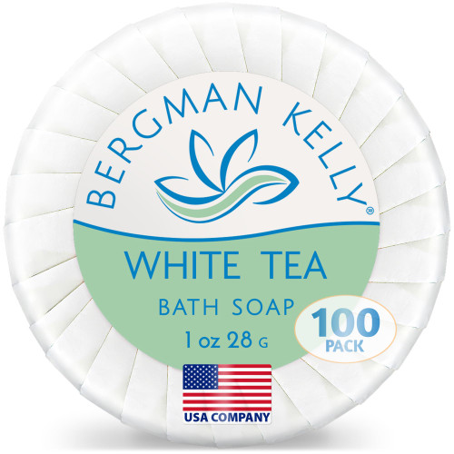 BERGMAN KELLY - Hotel Soap Bars - White Tea, 1 oz, 100 PK - Travel Size Luxury Bulk Amenities Bar Soap - Mini Individually Wrapped Round Soap - Small Toiletries for Airbnb, Motel, Guest Bathroom