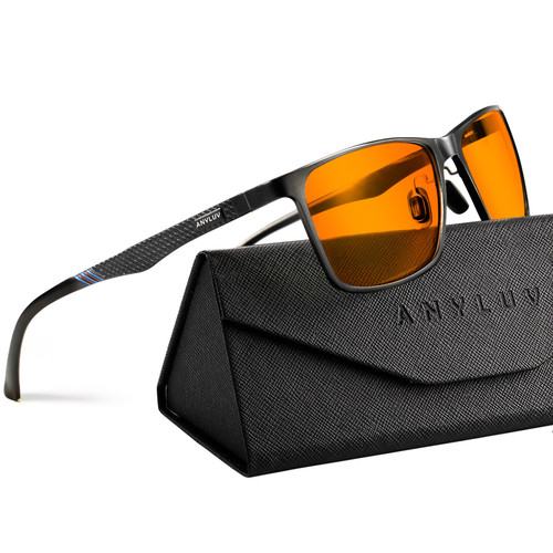 ANYLUV Blue Light Glasses Men, Relieve Eyestrain and Eye Protection, Al-Mg Metal Computer Blue Light Blocking Glasses Orange Black