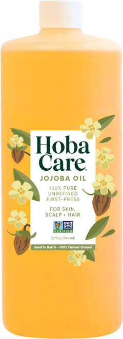 HobaCare Unrefined Cold Pressed Jojoba Oil for Skin Care, Hair, Beard Conditioning, Scalp Massage - 100% Pure Carrier Oil for Perfume or Soap Making - Natural, Vegan, Hexane Free (32 oz)