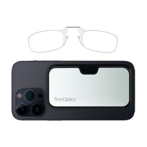 Always With You by ThinOptics Slim Reading Glasses with Metal Case that Sticks to Your Phone - Ultra-Thin Armless Pocket Readers - Lightweight, Durable, Convenient - Metal/Clear, 2.0x