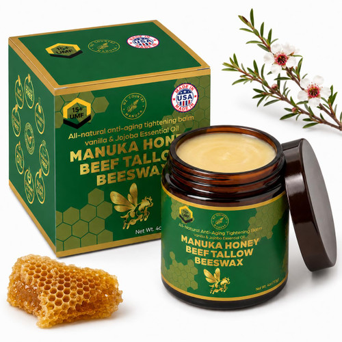 NZ Country Organic Grass-Fed Beef Tallow Honey Balm with New Zealand UMF 15+ Certified Manuka Honey | Organic Beeswax | Vanilla & Jojoba Essential Oils for Fine Lines | Dry Skin | Eczema | Anti-Aging